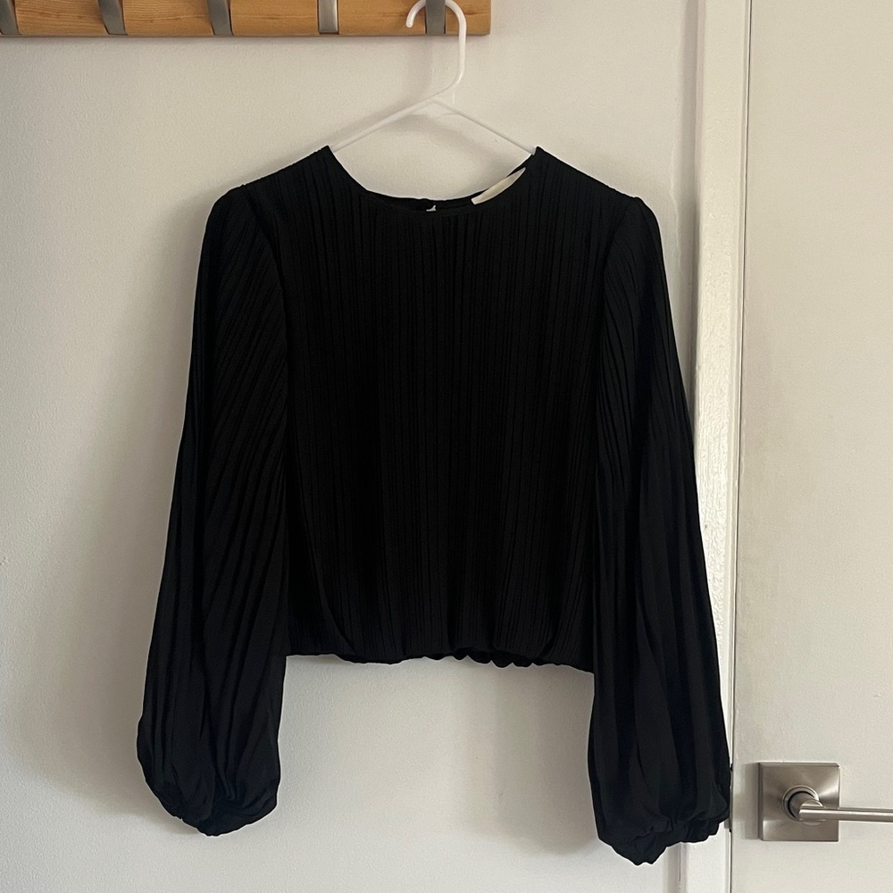Pinch Black Pleated Cropped Blouse - Boho Long Sleeve - Women's Small